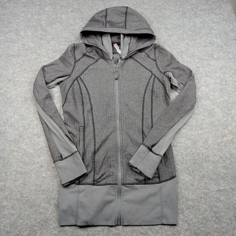 Lululemon Jacket Womens 8 Gray Herringbone Stride Hooded Full Zip Thumbholes